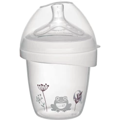 Nip First Moments Weithalsflasche PP 150 Ml Inkl. Weithalstrinksauger Rund Mit Anti Kolik Ventil, Silikon, Saugloch S (langsamer Trinkfluss) Frosch