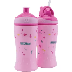 Nuby Nûby Trinkhalmflasche Und Trinkflasche Mit Pop-Up Verschluss 360ml Kombipack Ab 18 Monate, Pink